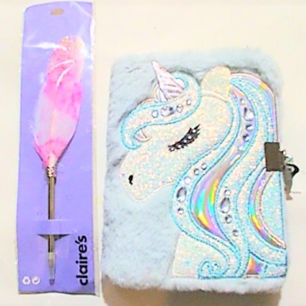 New- Claire's" Miss Glitter Unicorn Plush Diary" And Glittery Ombre Feather Pen